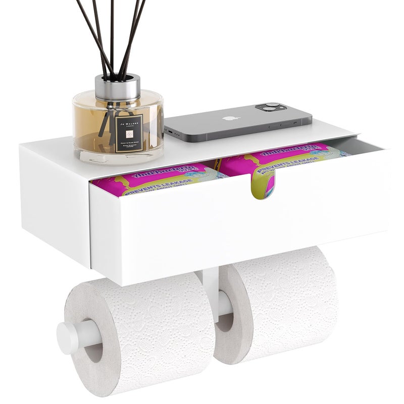 Tindbea Toilet Paper Holder with Storage - Stainless Steel Wall Mounted Toilet Paper Holder with Shelf  Flushable Wipes Holer Dispenser  Tampon Storage for Bathroom  Double Tissue Roll Holder  White - Image 1