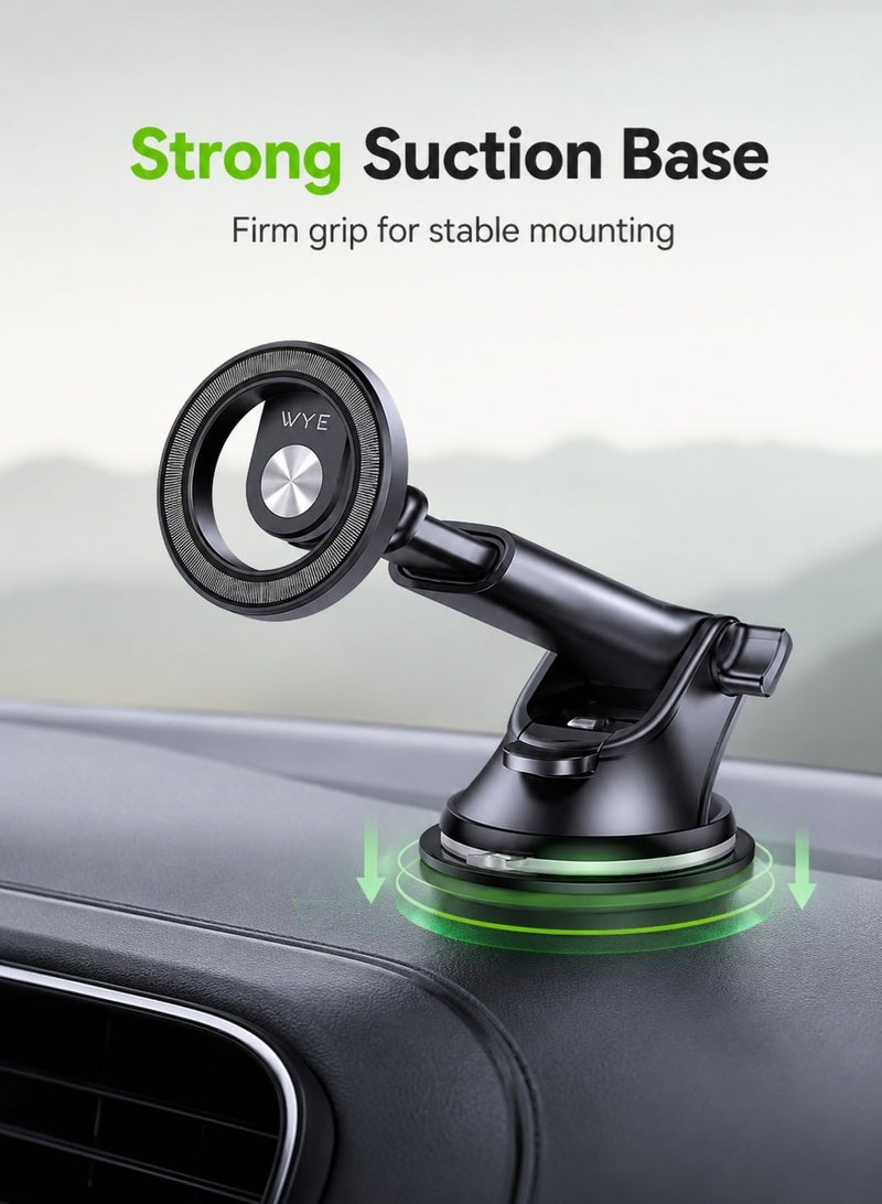 WYE In-Car Magnetic Phone Holder | Dashboard & Windshield Car Mount | Strong Magnetic Grip | 360° Rotating Phone Holder | Adjustable Viewing Angle | Universal Smartphone Compatibility | Secure Suction Base | Black - Image 3