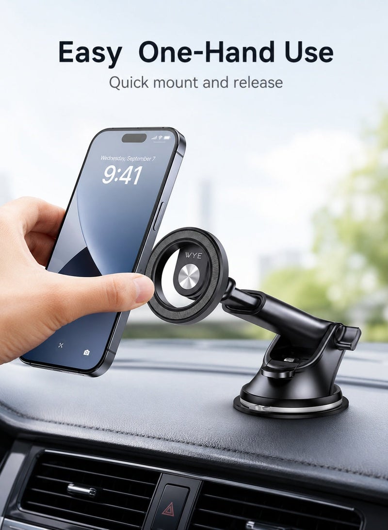 WYE In-Car Magnetic Phone Holder | Dashboard & Windshield Car Mount | Strong Magnetic Grip | 360° Rotating Phone Holder | Adjustable Viewing Angle | Universal Smartphone Compatibility | Secure Suction Base | Black - Image 4