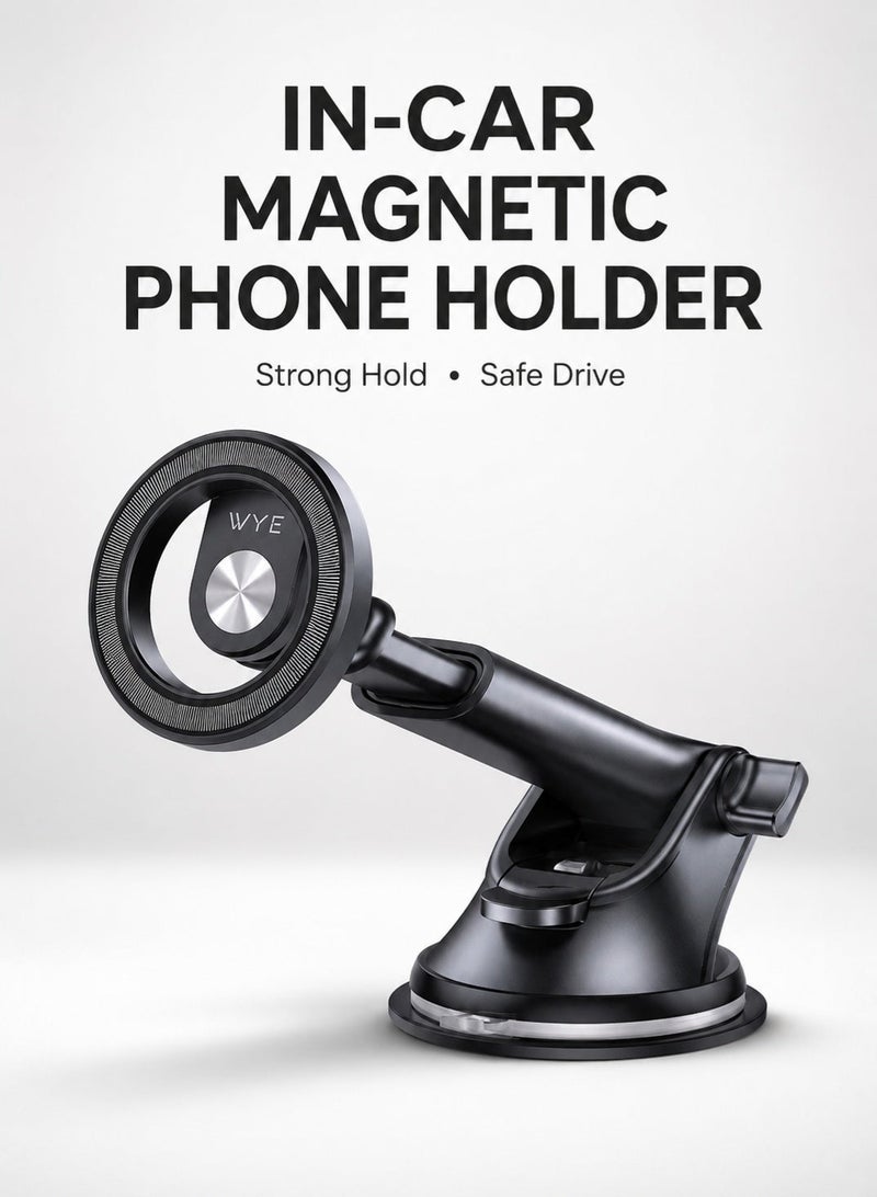 WYE In-Car Magnetic Phone Holder | Dashboard & Windshield Car Mount | Strong Magnetic Grip | 360° Rotating Phone Holder | Adjustable Viewing Angle | Universal Smartphone Compatibility | Secure Suction Base | Black - Image 1