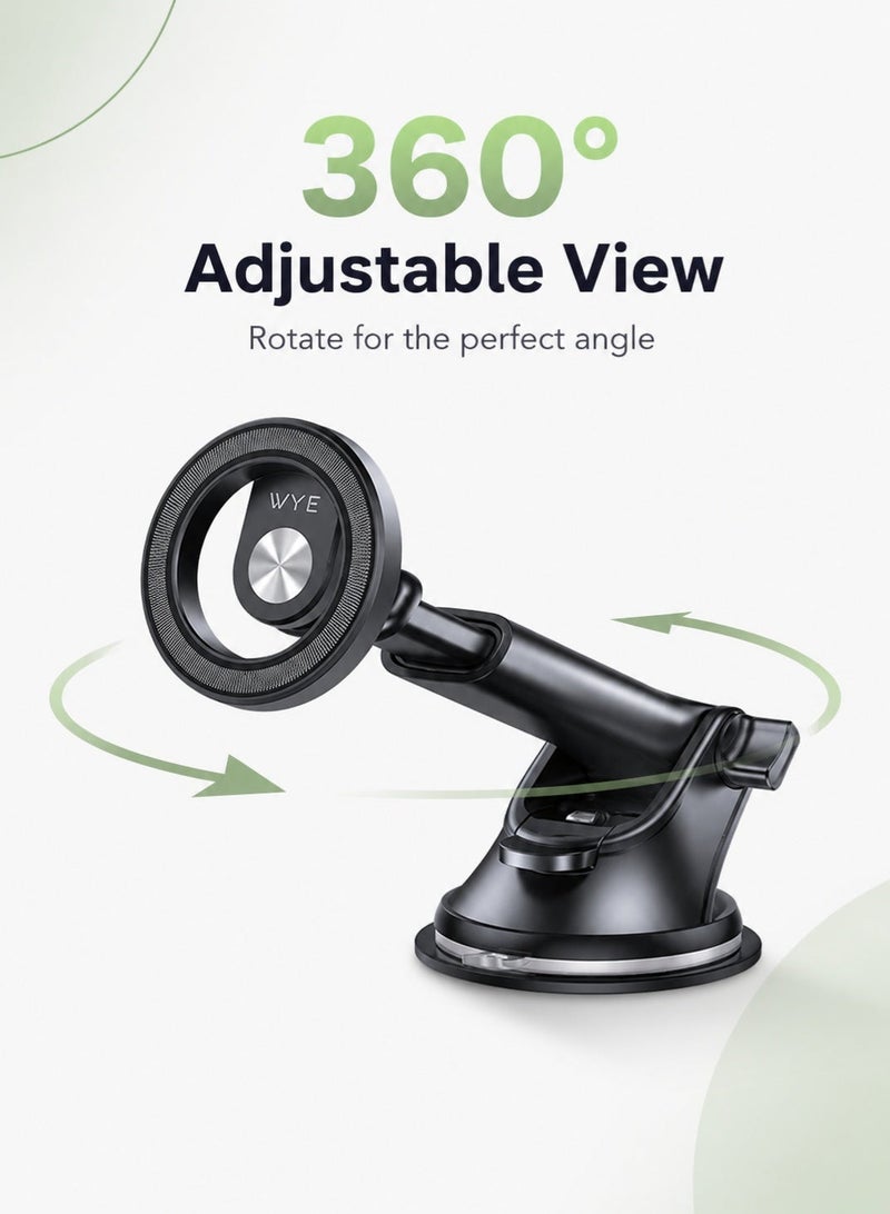 WYE In-Car Magnetic Phone Holder | Dashboard & Windshield Car Mount | Strong Magnetic Grip | 360° Rotating Phone Holder | Adjustable Viewing Angle | Universal Smartphone Compatibility | Secure Suction Base | Black - Image 5