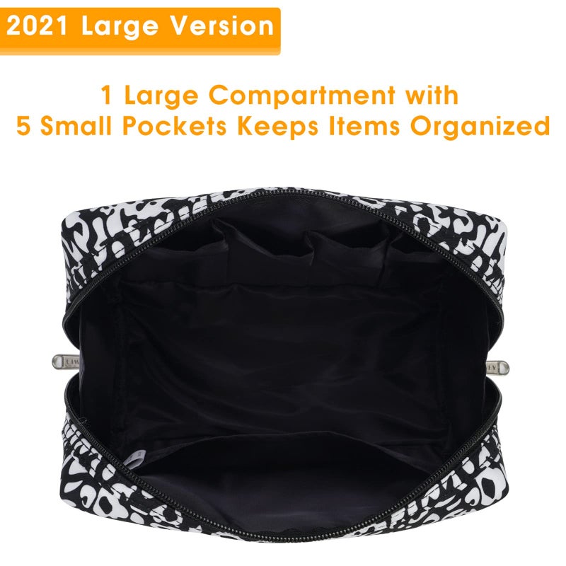 Narwey Cute Cheetah Makeup Bag Travel Cosmetic Bag Organizer Toiletry Bag Make Up Bags with Compartments for Women Girls (Large, Black Leopard) - Image 3