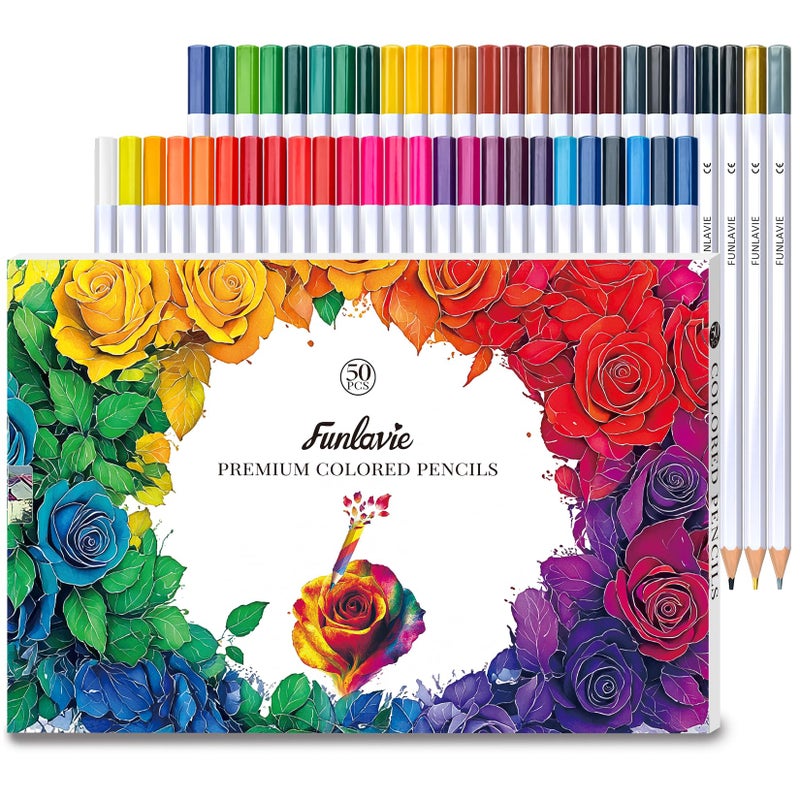 FUNLAVIE 48 Colored Pencils for Adult Coloring Books + 2 Metallic Colored Pencils,Soft Core Coloring Pencil Set,Drawing Pencil for sketching & Painting,Art Supplies for Teens,Oil-Based with Sharpener - Image 1