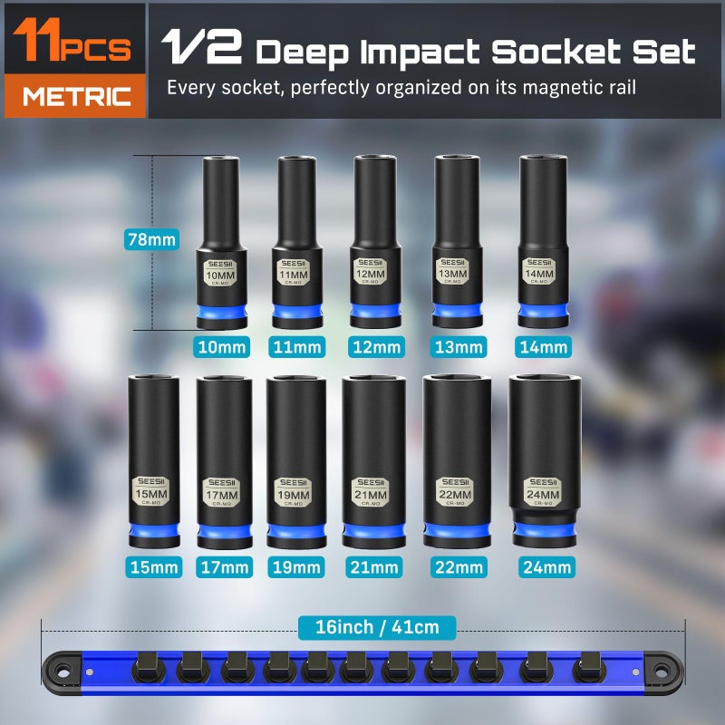 SEESII CR-MO 1/2" Drive Impact Socket Set with Magnetic Organizer, 11pc Deep Metric (10-24mm), 6-Point for Impact Wrench & Ratchet, Professional for Lug Nut, Wheel & Suspension Repair - Image 3