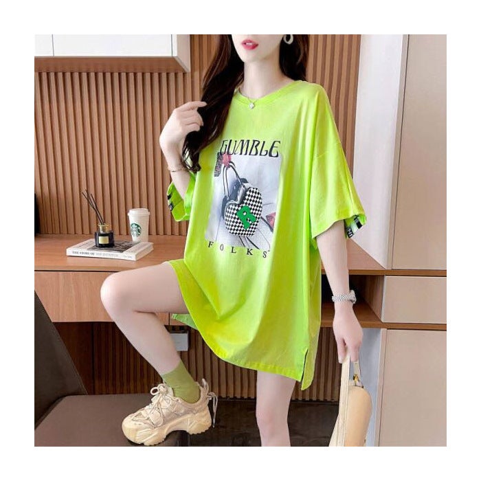 Loose Short Sleeve Round Neck Women'S T-Shirt Stitching Design Sense Back Ribbon Hem Split Half Sleeve - Image 1