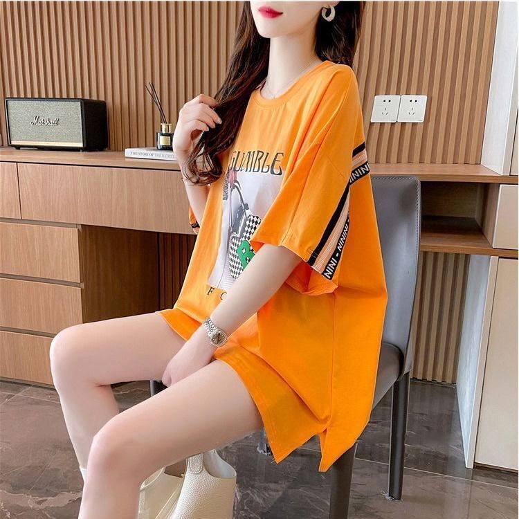 Loose Short Sleeve Round Neck Women'S T-Shirt Stitching Design Sense Back Ribbon Hem Split Half Sleeve - Image 3