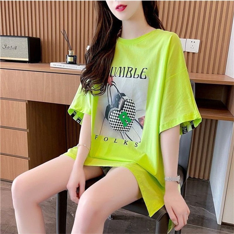 Loose Short Sleeve Round Neck Women'S T-Shirt Stitching Design Sense Back Ribbon Hem Split Half Sleeve - Image 2