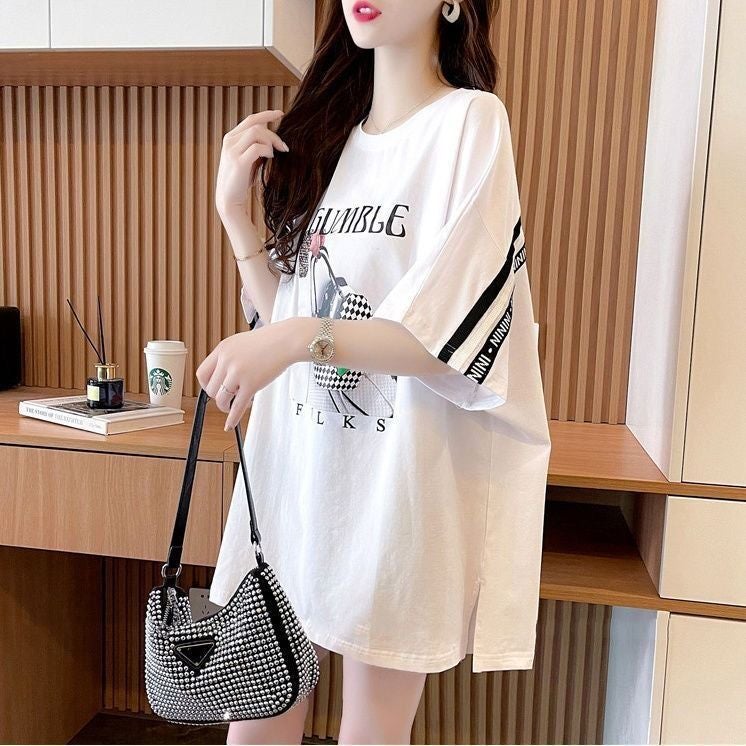 Loose Short Sleeve Round Neck Women'S T-Shirt Stitching Design Sense Back Ribbon Hem Split Half Sleeve - Image 5