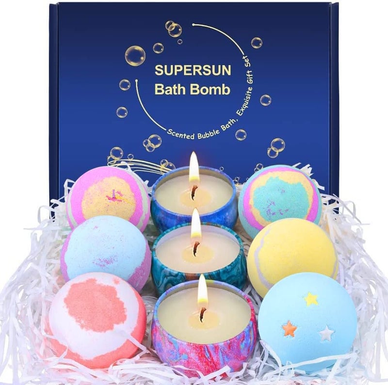 SUPERSUN 6 Bath Bombs Gift Set 3 Scented Candles Sets Perfect for Bubble and SPA Best Gifts Ideas for Women Christmas Birthday Girls Her Valentines Day Mum Mothers Teenage Friends