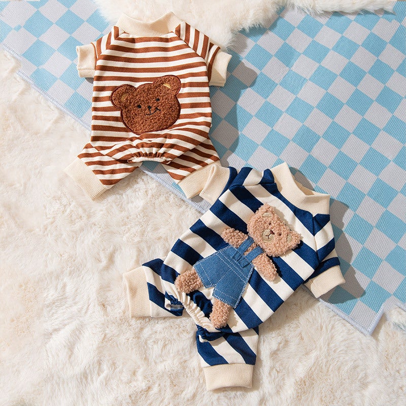 Autumn/Winter Teddy Bear Striped Dog Four-Leg Pajamas for Small Pets - Image 1