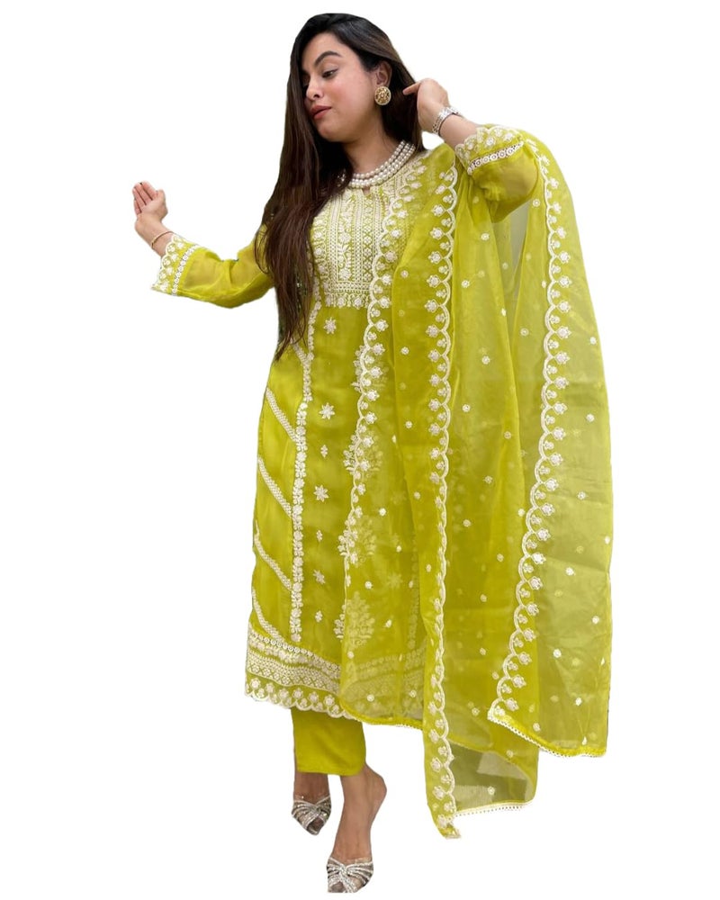 GoSriKi Women's Rayon Blend Straight Embroidered Kurta with Pant & Dupatta (CARLTON LEMON-GS_XXL_Lemon_XX-Large) - Image 1