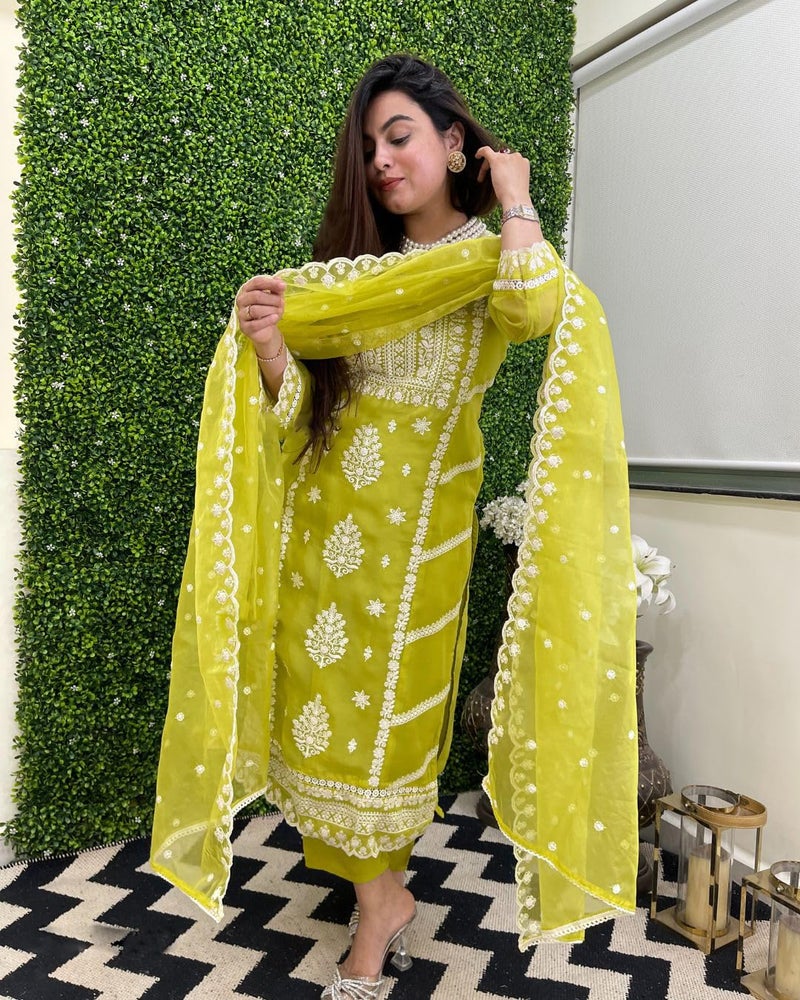 GoSriKi Women's Rayon Blend Straight Embroidered Kurta with Pant & Dupatta (CARLTON LEMON-GS_XXL_Lemon_XX-Large) - Image 4
