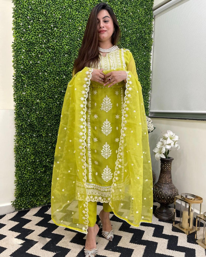 GoSriKi Women's Rayon Blend Straight Embroidered Kurta with Pant & Dupatta (CARLTON LEMON-GS_XXL_Lemon_XX-Large) - Image 5
