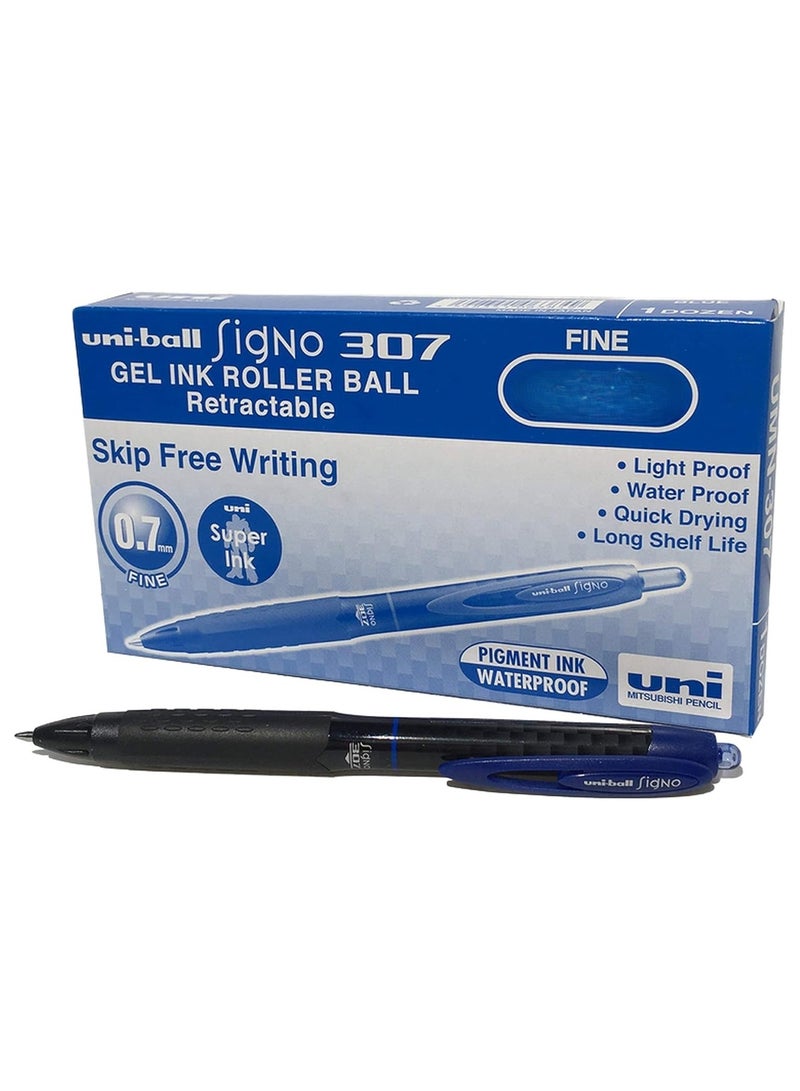 يوني بول قلم حبر جل قابل للسحب يوني-بول 307، رأس متوسط ​​0.7 مم، عبوة من 12 قلمًا (أزرق) - Image 1