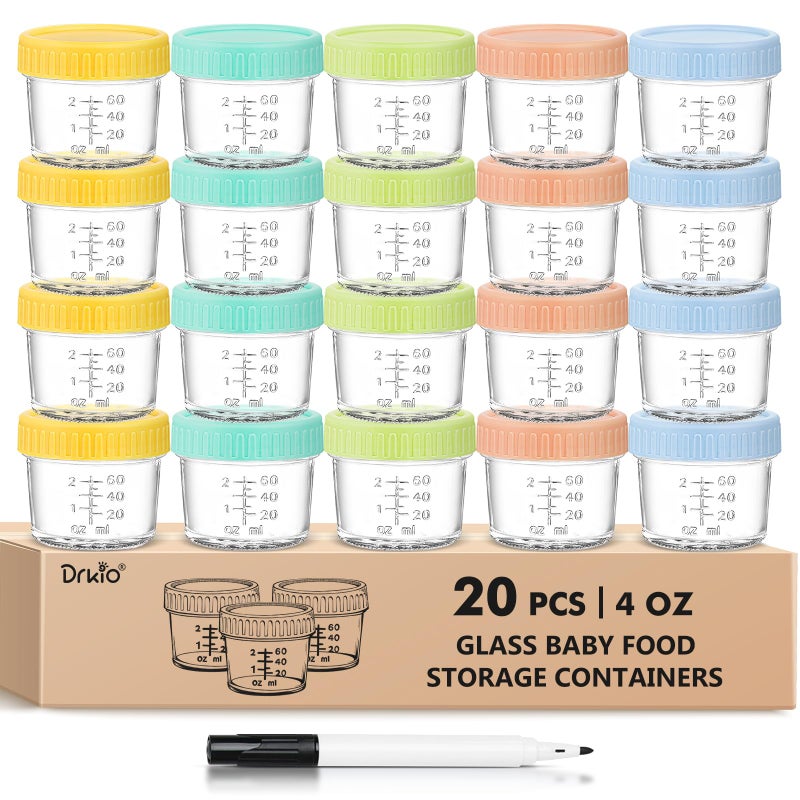 DRKIO 20 Pack Glass Baby Food Storage Containers 4 Oz Baby Food Jars with Lids Baby Food Maker Microwave Dishwasher Freezer Safe 100% Leak-Proof BPA Free - Image 1