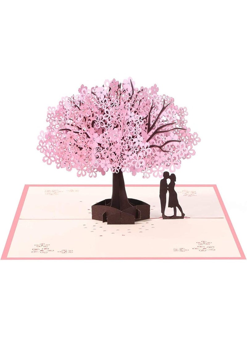 3D Pop Up Card with Romantic Lovers Under Cherry Tree, Handmade Greeting Card for Mother’s Day, Anniversary, Wedding, Valentine’s Day, for Wife, Husband, Girlfriend, Bride, or Mom - Image 1