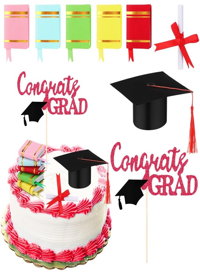 Lineshading 8 Pcs Class of 2025 Congrats Grad Cake Topper Diploma Book 2025 Graduation Cake Decoration for 2025 High School College Graduation Celebration Party Supplies(Red) - Image 1