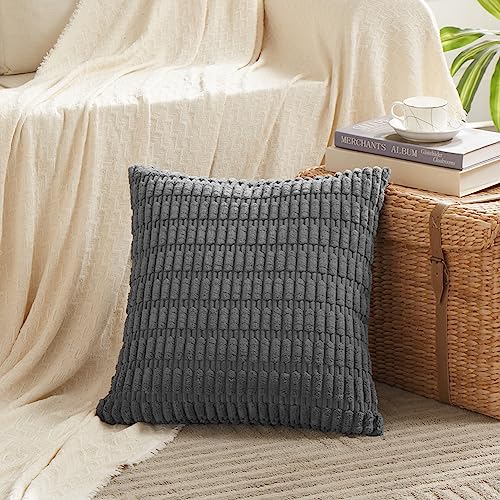 Fancy Homi 2 Packs Dark Grey Decorative Throw Pillow Covers 20x20 Inch for Living Room Couch Bed Sofa Rustic Farmhouse Boho Home Decor Soft Striped Corduroy Square Cushion Case 50x50 cm - Image 3
