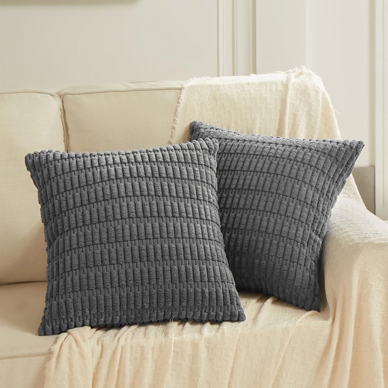 Fancy Homi 2 Packs Dark Grey Decorative Throw Pillow Covers 20x20 Inch for Living Room Couch Bed Sofa Rustic Farmhouse Boho Home Decor Soft Striped Corduroy Square Cushion Case 50x50 cm - Image 2