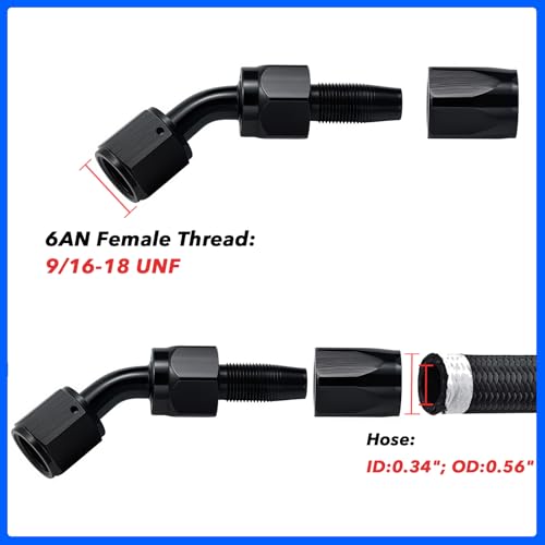 ROSY PIXEL 2Pcs 6AN 45 Degree Swivel Hose End Fitting for Fuel Oil Line Aluminum Black (45 Degree) - Image 4