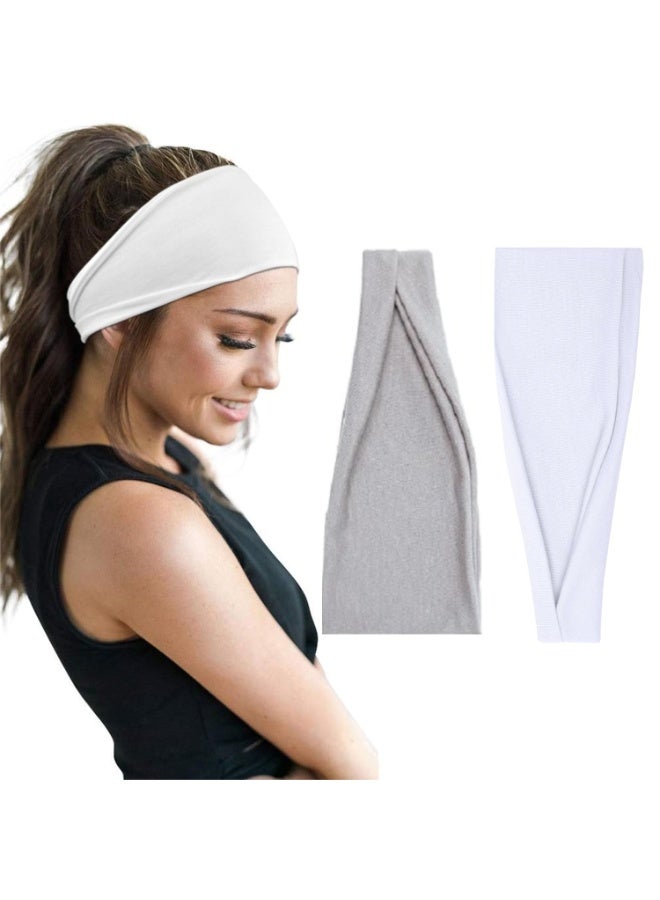 2 Pcs headbands For Women Wide White&Gray Headband Yoga Workout Head Bands Hair Accessories - Image 2