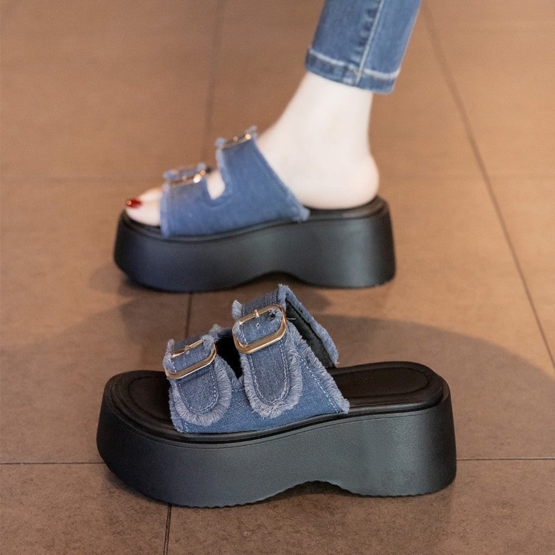Denim Canvas Thick-Soled Slippers For Women'S Summer Outer Wear Versatile Casual High-Heeled Open-Toe Sandals - Image 4
