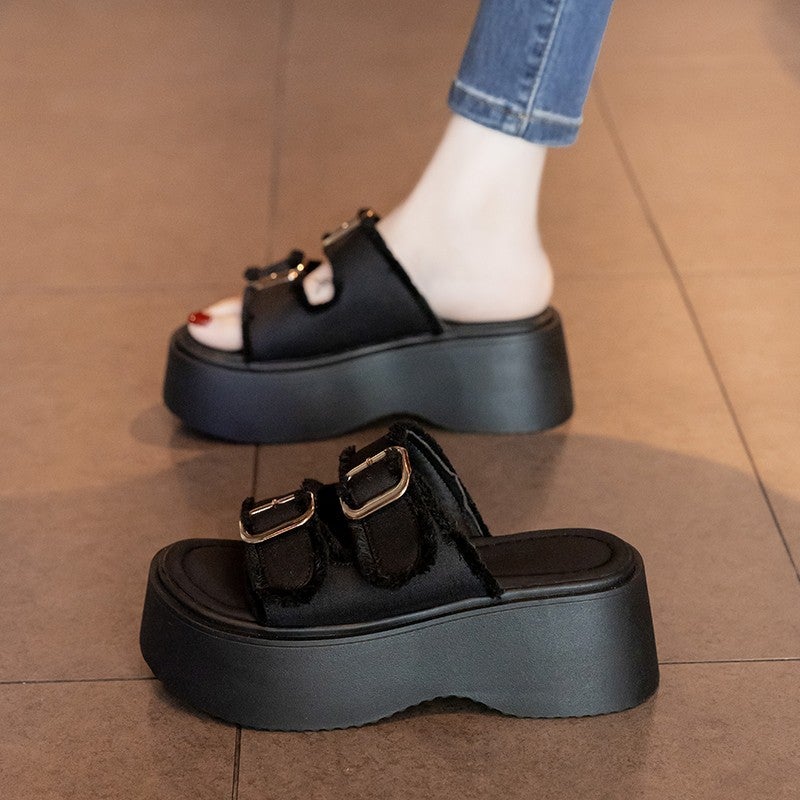 Denim Canvas Thick-Soled Slippers For Women'S Summer Outer Wear Versatile Casual High-Heeled Open-Toe Sandals - Image 1