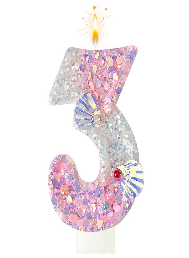 Zlongron Pink Number Candles, Handmade Shell Sequin Birthday Candles, Suitable for Birthdays, Anniversaries, commemorations, Theme Party Supplies, Decorations Number 3 Candle - Image 1