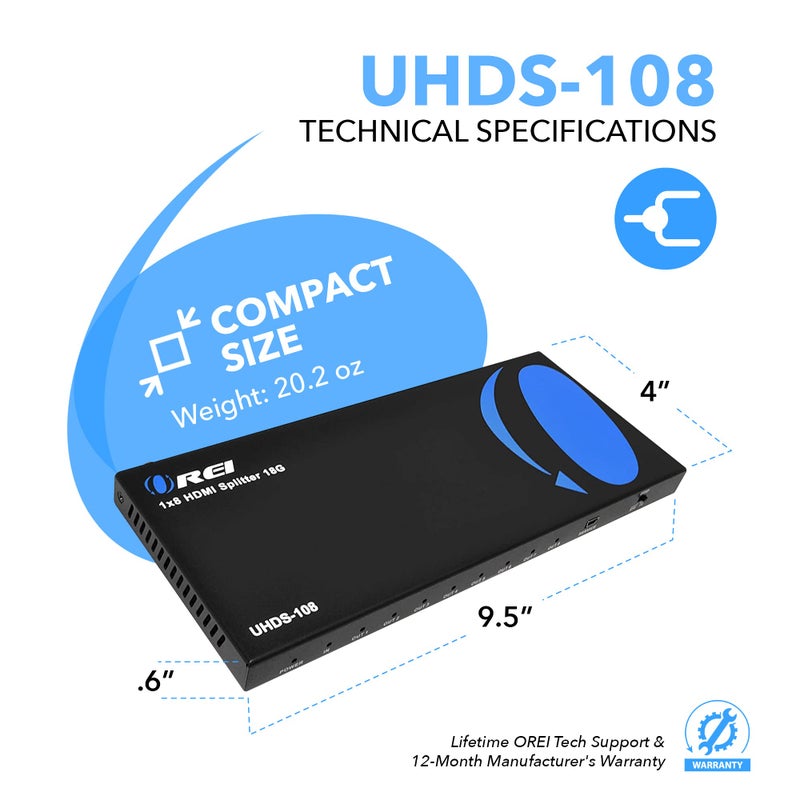 OREI 4K 1 في 8 مخرج HDMI مقسم 4:4:4 8-بت - HDMI 2.0، HDCP 2.2، 18 جيجابت في الثانية، 4K @ 60Hz مكرر/موزع HDMI عالي الدقة (UHDS-108) (1x8) - Image 5