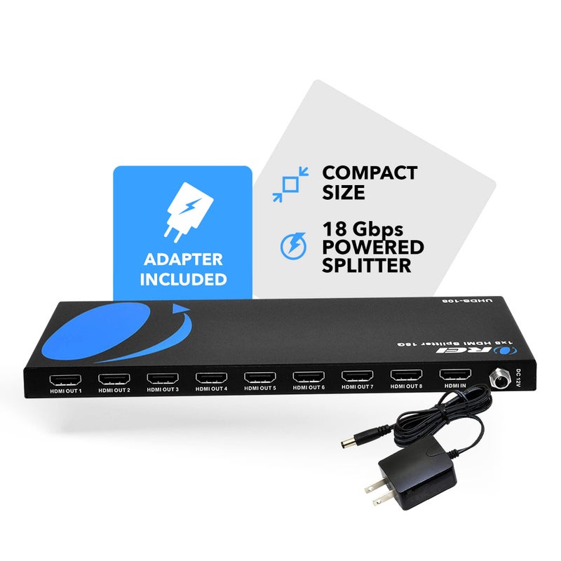OREI 4K 1 في 8 مخرج HDMI مقسم 4:4:4 8-بت - HDMI 2.0، HDCP 2.2، 18 جيجابت في الثانية، 4K @ 60Hz مكرر/موزع HDMI عالي الدقة (UHDS-108) (1x8) - Image 2