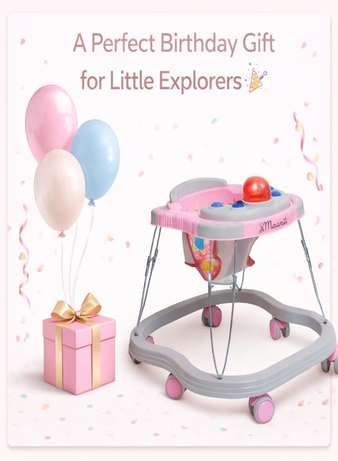 Maanit Musical Baby Walker for 6-24 Months - 3 in1 Walker for Kids, 6-Wheel Adjustable Foldable Infant Walker with Cushioned Seat, 360° Rotating Wheels - Lightweight Safe Learning Walker for Toddlers (Pink) - Image 4