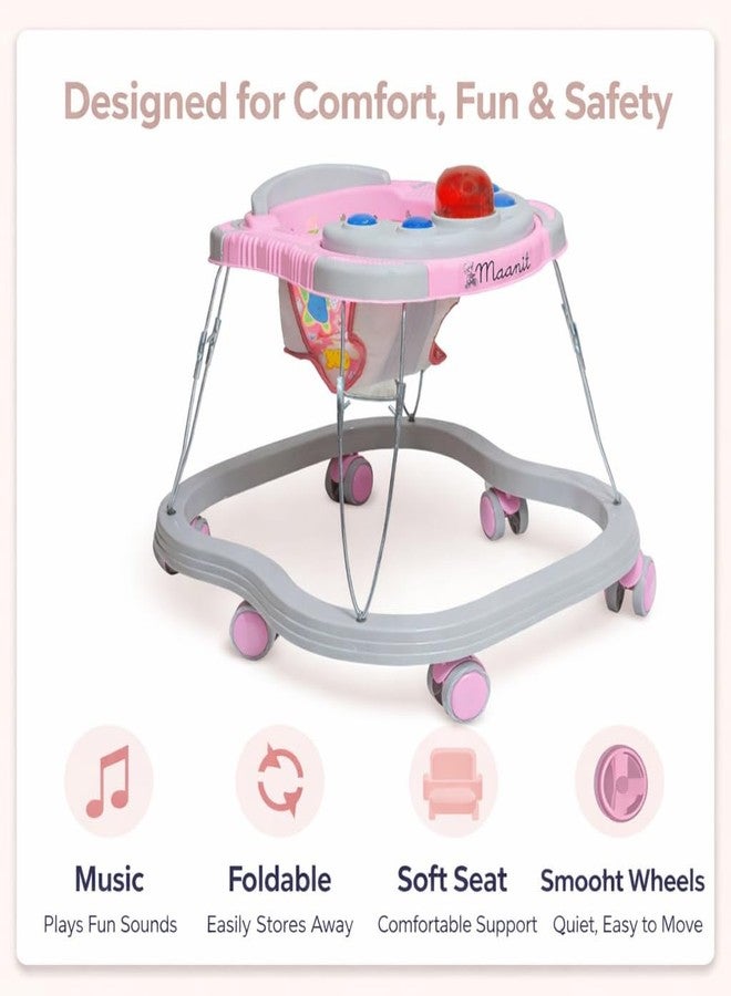 Maanit Musical Baby Walker for 6-24 Months - 3 in1 Walker for Kids, 6-Wheel Adjustable Foldable Infant Walker with Cushioned Seat, 360° Rotating Wheels - Lightweight Safe Learning Walker for Toddlers (Pink) - Image 2