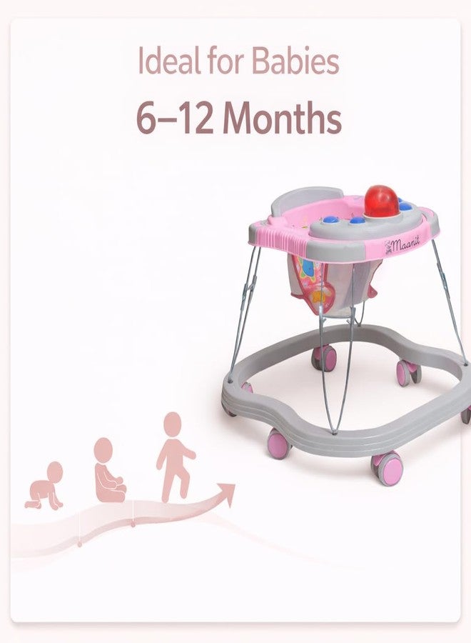Maanit Musical Baby Walker for 6-24 Months - 3 in1 Walker for Kids, 6-Wheel Adjustable Foldable Infant Walker with Cushioned Seat, 360° Rotating Wheels - Lightweight Safe Learning Walker for Toddlers (Pink) - Image 5