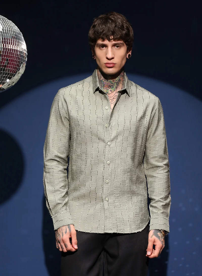 Campus Sutra Men's Sage Green Wicker-Tactile Shirt For Casual Wear | Spread Collar | Long Cuffed Sleeves | Button Closure | Shirt Crafted With Comfort Fit For Everyday Wear