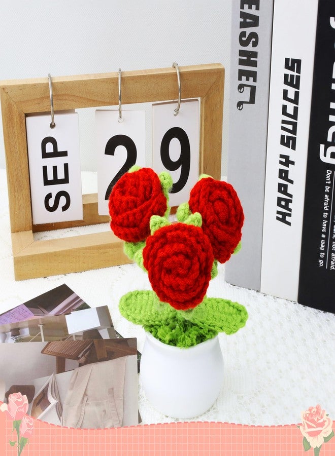LAIDANLA Crochet Flowers Red Roses Mini Potted, Handmade Red Rose Anniversary Appreciation Birthday Gifts for Women Teacher Lover Mom Friend Knitted Flower for Desk Car Dashboard - Image 2