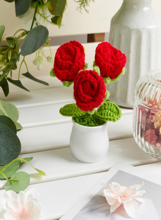 LAIDANLA Crochet Flowers Red Roses Mini Potted, Handmade Red Rose Anniversary Appreciation Birthday Gifts for Women Teacher Lover Mom Friend Knitted Flower for Desk Car Dashboard - Image 3