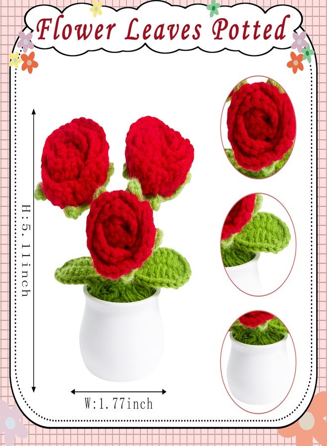 LAIDANLA Crochet Flowers Red Roses Mini Potted, Handmade Red Rose Anniversary Appreciation Birthday Gifts for Women Teacher Lover Mom Friend Knitted Flower for Desk Car Dashboard - Image 4