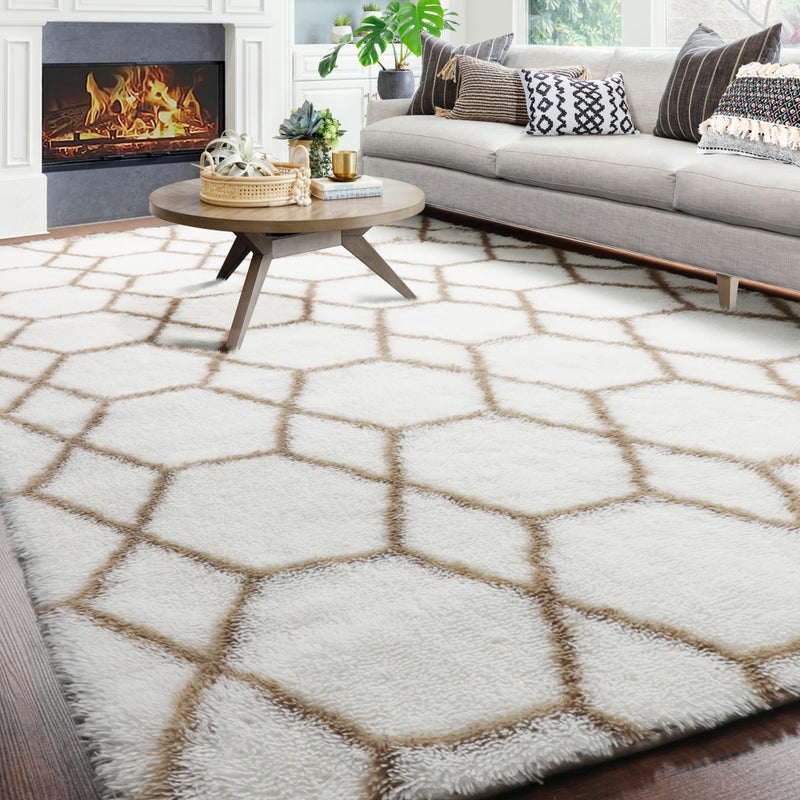 ONASAR 8x10 Area Rugs for Living Room, Fluffy White and Beige Bedroom Rug, Geometric Boho Large Soft Plush Shaggy Fuzzy Floor Carpet for Nursery Kids Classroom Playroom Dorm Home Decor - Image 2