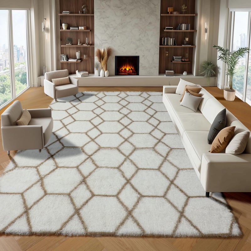 ONASAR 8x10 Area Rugs for Living Room, Fluffy White and Beige Bedroom Rug, Geometric Boho Large Soft Plush Shaggy Fuzzy Floor Carpet for Nursery Kids Classroom Playroom Dorm Home Decor - Image 1