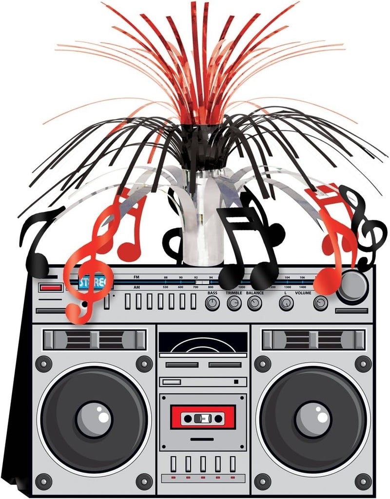 Beistle 1980’s Hip Hop Retro Boom Box Centerpiece for 80's Theme Parties - 14 Inches, Gray/Black/Red - Image 1