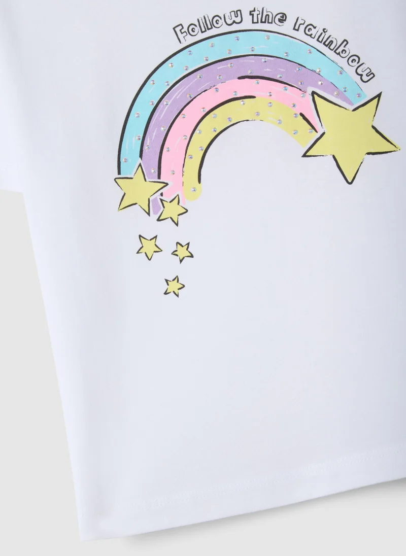 Ovs  OVS Girl'S White Pure Cotton T-Shirt Regular Fit With Rainbow for Kids | Best Price UAE