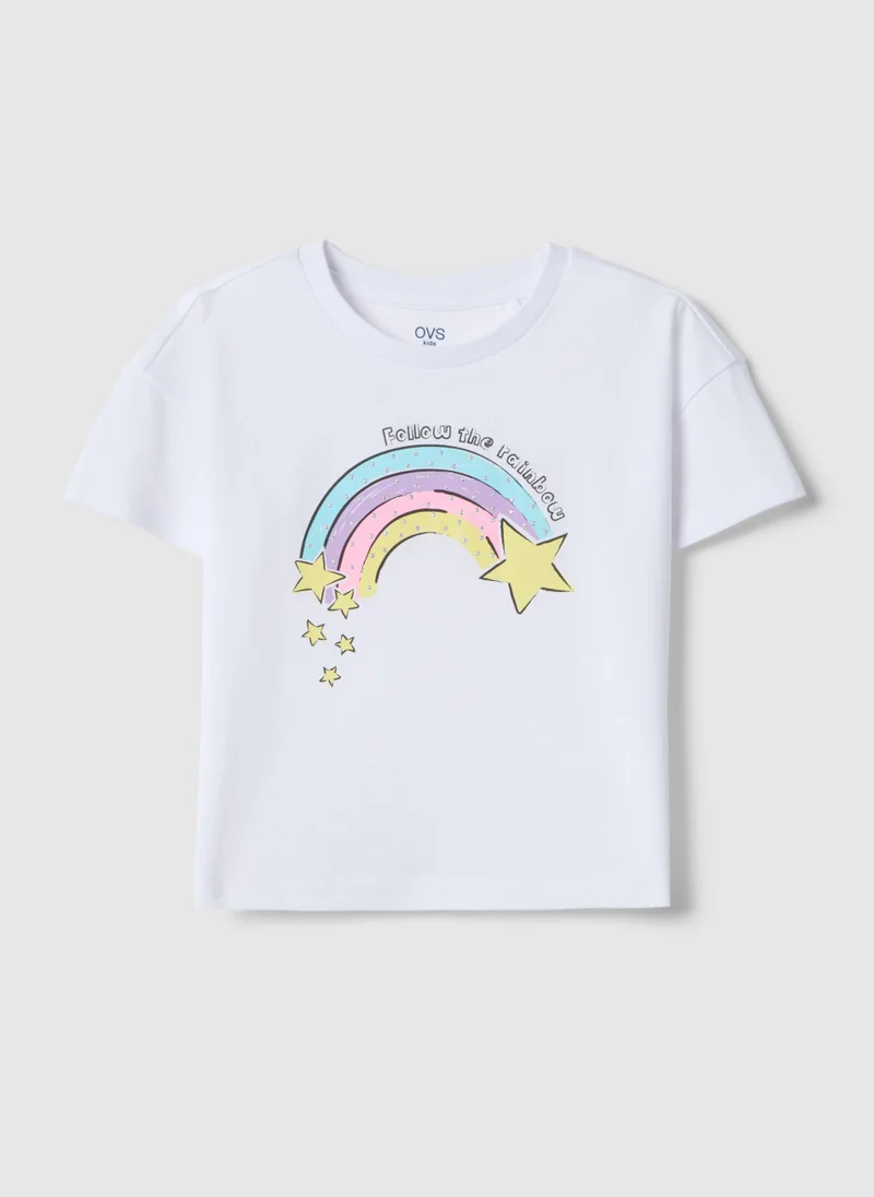 او في اس OVS Girl'S White Pure Cotton T-Shirt Regular Fit With Rainbow