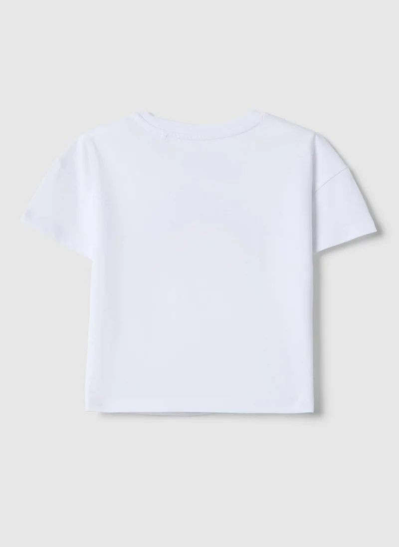 او في اس OVS Girl'S White Pure Cotton T-Shirt Regular Fit With Rainbow