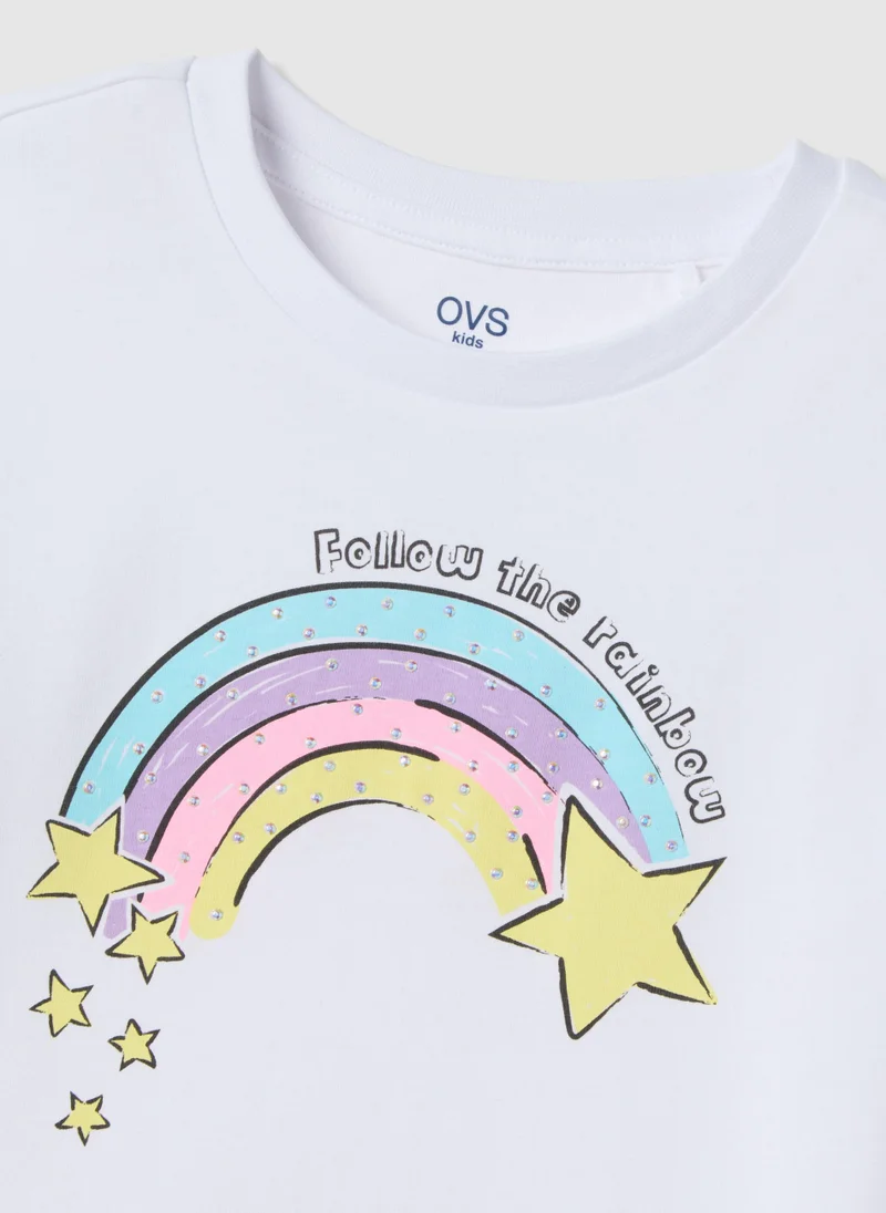 Ovs  OVS Girl'S White Pure Cotton T-Shirt Regular Fit With Rainbow for Kids | Best Price UAE