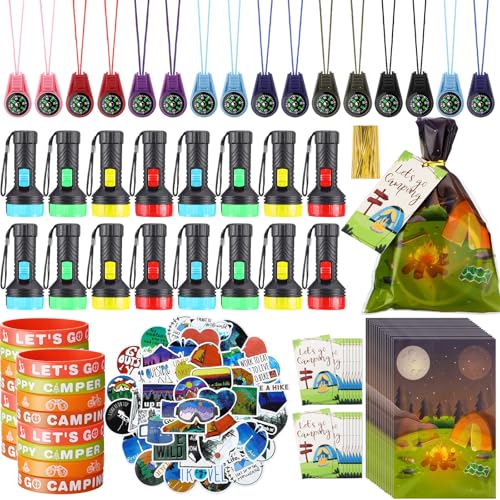 Fumete 130 Pcs Camping Party Favors Happy Camper Party with Silicone Bracelets Mini Compass Mini Flashlight Keychains Stickers Bag and Tag Adventure Friend Birthday Fashion Style - Image 1