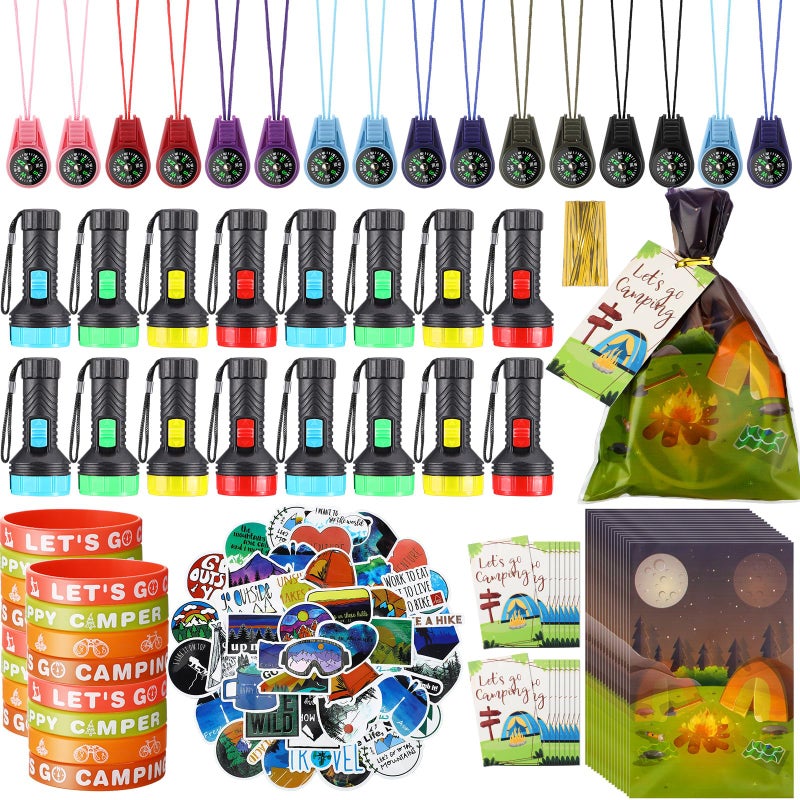 Fumete 130 Pcs Camping Party Favors Happy Camper Party with Silicone Bracelets Mini Compass Mini Flashlight Keychains Stickers Bag and Tag Adventure Friend Birthday Fashion Style - Image 2