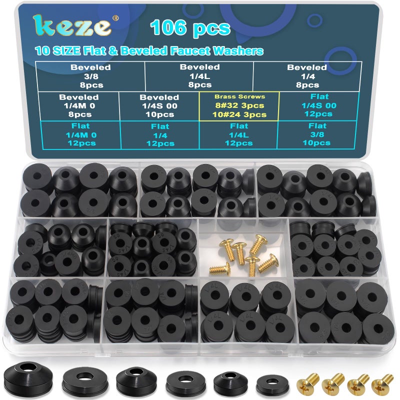 KEZE 106 PCS 10 Size Faucet Washers Assorted Kit with Brass Bibb Screws Assortment Flat and Beveled Rubber Washer for DIY Outdoor Faucets Stem Leak Worn Out Seal Repair - Image 1