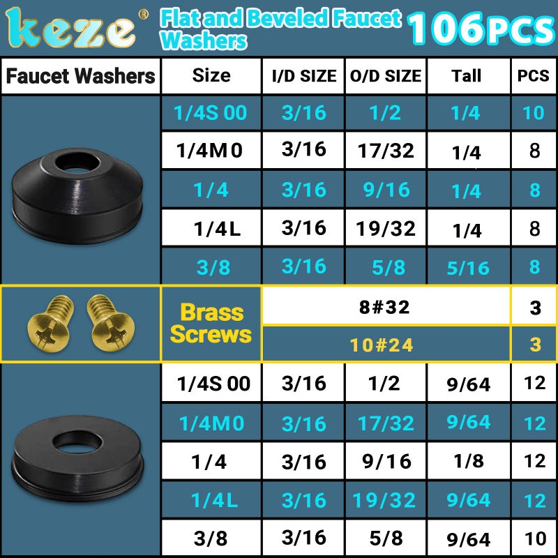 KEZE 106 PCS 10 Size Faucet Washers Assorted Kit with Brass Bibb Screws Assortment Flat and Beveled Rubber Washer for DIY Outdoor Faucets Stem Leak Worn Out Seal Repair - Image 2