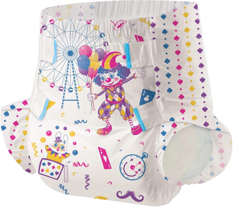 Adult Printed Diapers,XX-Large-Uncle Clown, 7 Pieces for Men and Women - Leak Protection Heavy Absorbency Protection Diapers