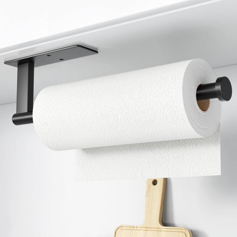 susswiff Paper Towel Holder Under Cabinet - Stainless Steel Paper Towel Holder Wall Mount, Self-Adhesive or Drilling, Matte Black Towel Rack for Kitchen Organization and Storage, Kitchen Paper Roll Holder - Image 1